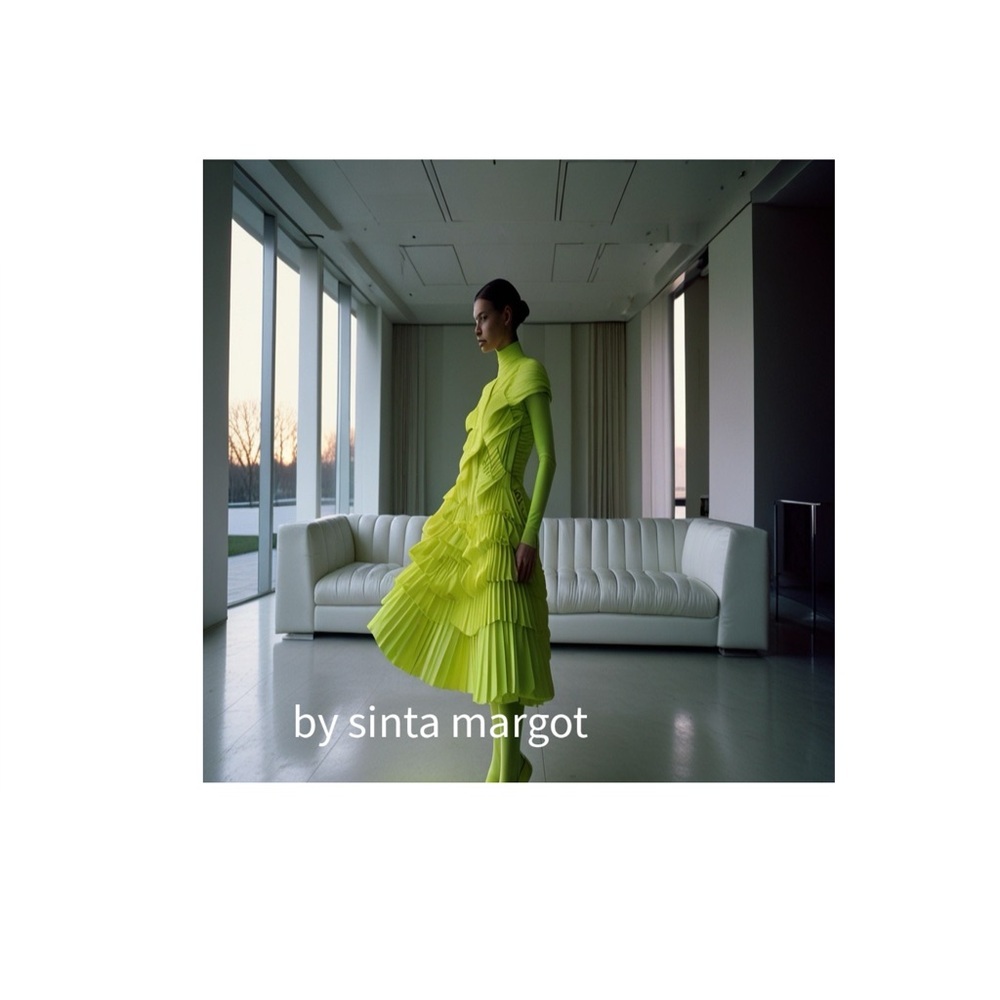 HANDCRAFTED digital art print Elegant Lime Green Pleated Dress on model